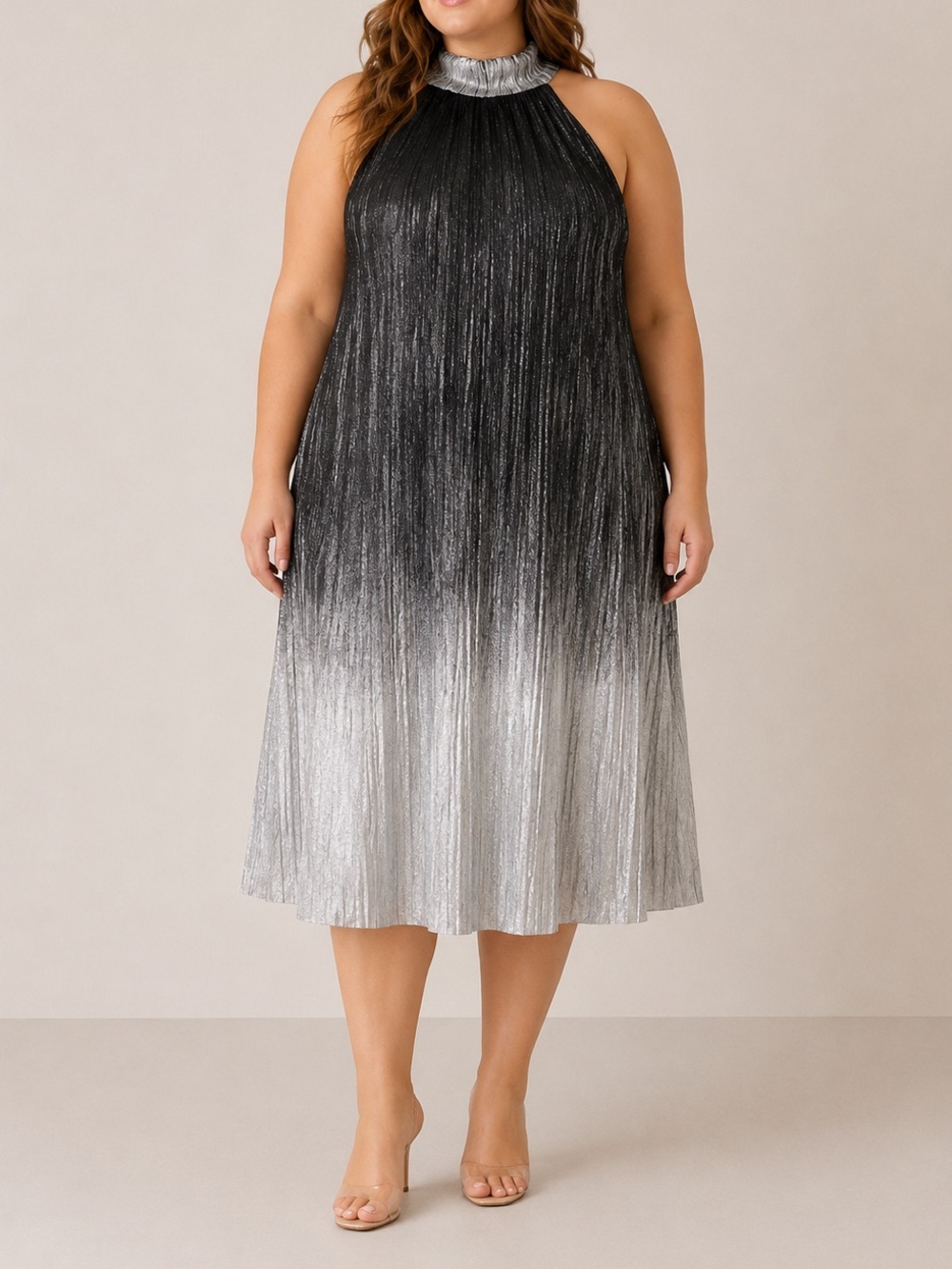 Samuel Dong Pleated Shimmer Midi Dress Silver Black Halter Metallic Ombre